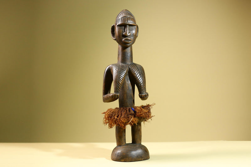 African Tribal Statue Hand Carved Wood Female Figure Sculpture with Raffia Skirt Authentic Vintage Ethnic Art Decor Collectible-G5823