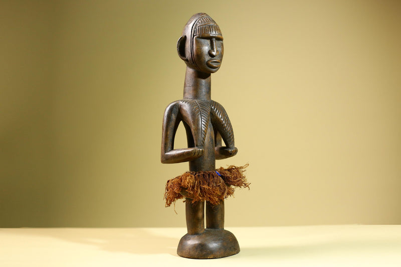 African Tribal Statue Hand Carved Wood Female Figure Sculpture with Raffia Skirt Authentic Vintage Ethnic Art Decor Collectible-G5823