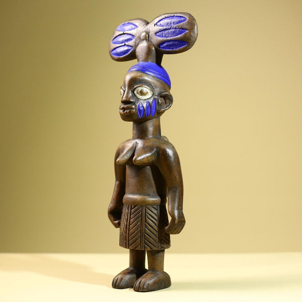 African Female Statue with Child Yoruba Style Hand Carved Wood Tribal Figure Blue Painted Headdress Cultural Home Art Decor-G5824