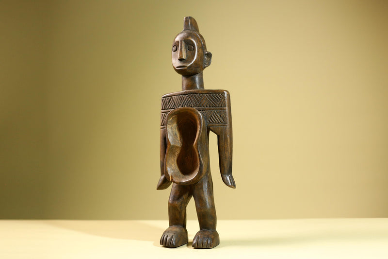 African Baule Spoon Holder Tribal Figure Hand Carved Wood West African Sculpture Vintage Collectible Art Home Decor-G5825