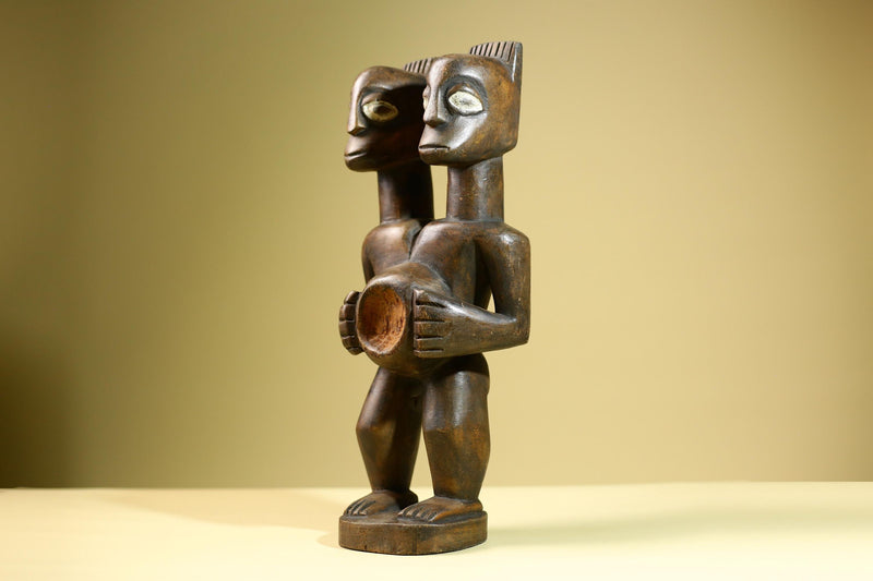African Double Headed Tribal Figure Hand Carved Wood Ritual Statue West African Art Unique Vintage Home Decor -G5826