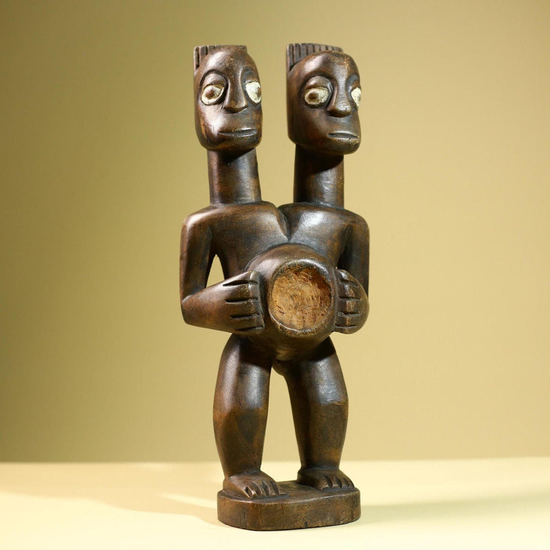 African Double Headed Tribal Figure Hand Carved Wood Ritual Statue West African Art Unique Vintage Home Decor -G5826