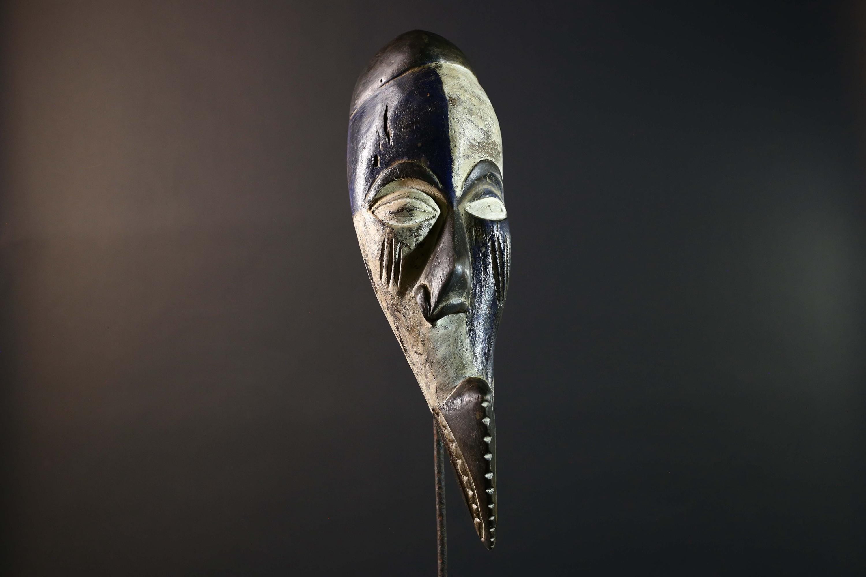 African Baule Mask Tribal Carved Wood Face Côte d’Ivoire Ritual Art Home Decor-G5786