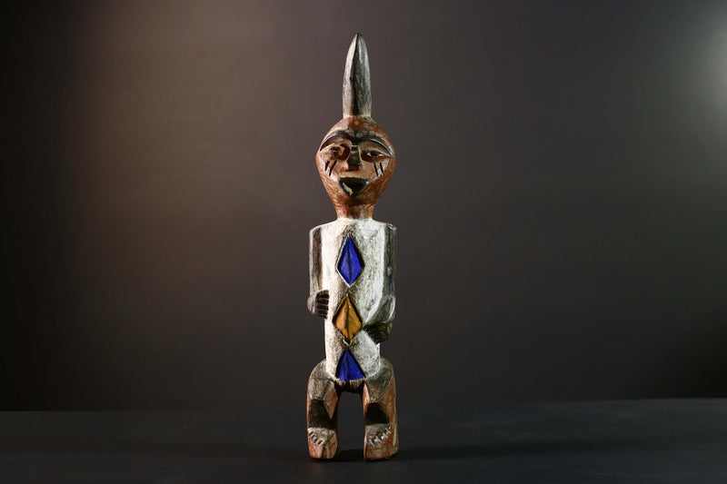 African Tribal Figure Hand Carved Wood Statue with Geometric Painted Patterns Blue Yellow Brown Ethnic Art Sculpture Home Decor-G5789