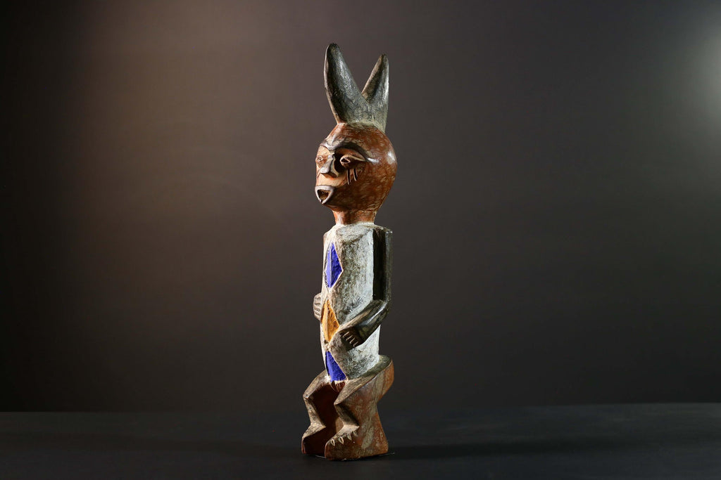 African Tribal Figure Hand Carved Wood Statue with Geometric Painted Patterns Blue Yellow Brown Ethnic Art Sculpture Home Decor-G5789