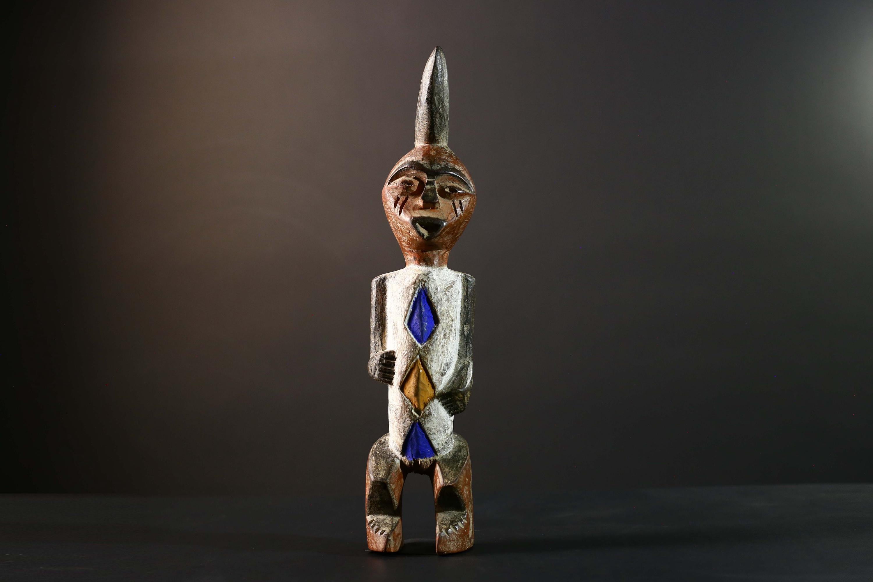 African Tribal Figure Hand Carved Wood Statue with Geometric Painted Patterns Blue Yellow Brown Ethnic Art Sculpture Home Decor-G5789