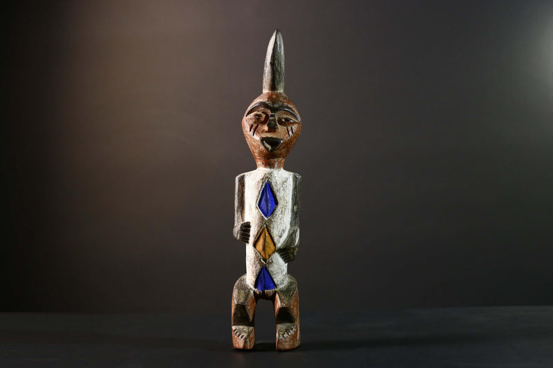 African Tribal Figure Hand Carved Wood Statue with Geometric Painted Patterns Blue Yellow Brown Ethnic Art Sculpture Home Decor-G5789