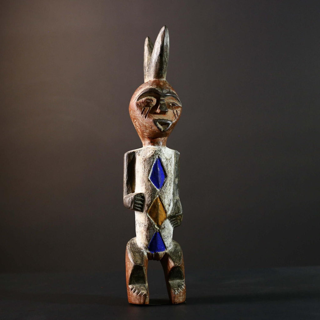 African Tribal Figure Hand Carved Wood Statue with Geometric Painted Patterns Blue Yellow Brown Ethnic Art Sculpture Home Decor-G5789