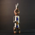 African Tribal Figure Hand Carved Wood Statue with Geometric Painted Patterns Blue Yellow Brown Ethnic Art Sculpture Home Decor-G5789