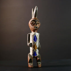 African Tribal Figure Hand Carved Wood Statue with Geometric Painted Patterns Blue Yellow Brown Ethnic Art Sculpture Home Decor-G5789