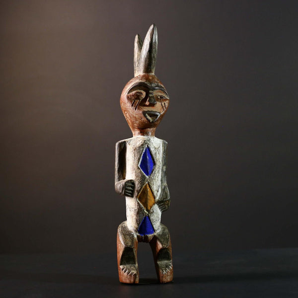 African Tribal Figure Hand Carved Wood Statue with Geometric Painted Patterns Blue Yellow Brown Ethnic Art Sculpture Home Decor-G5789