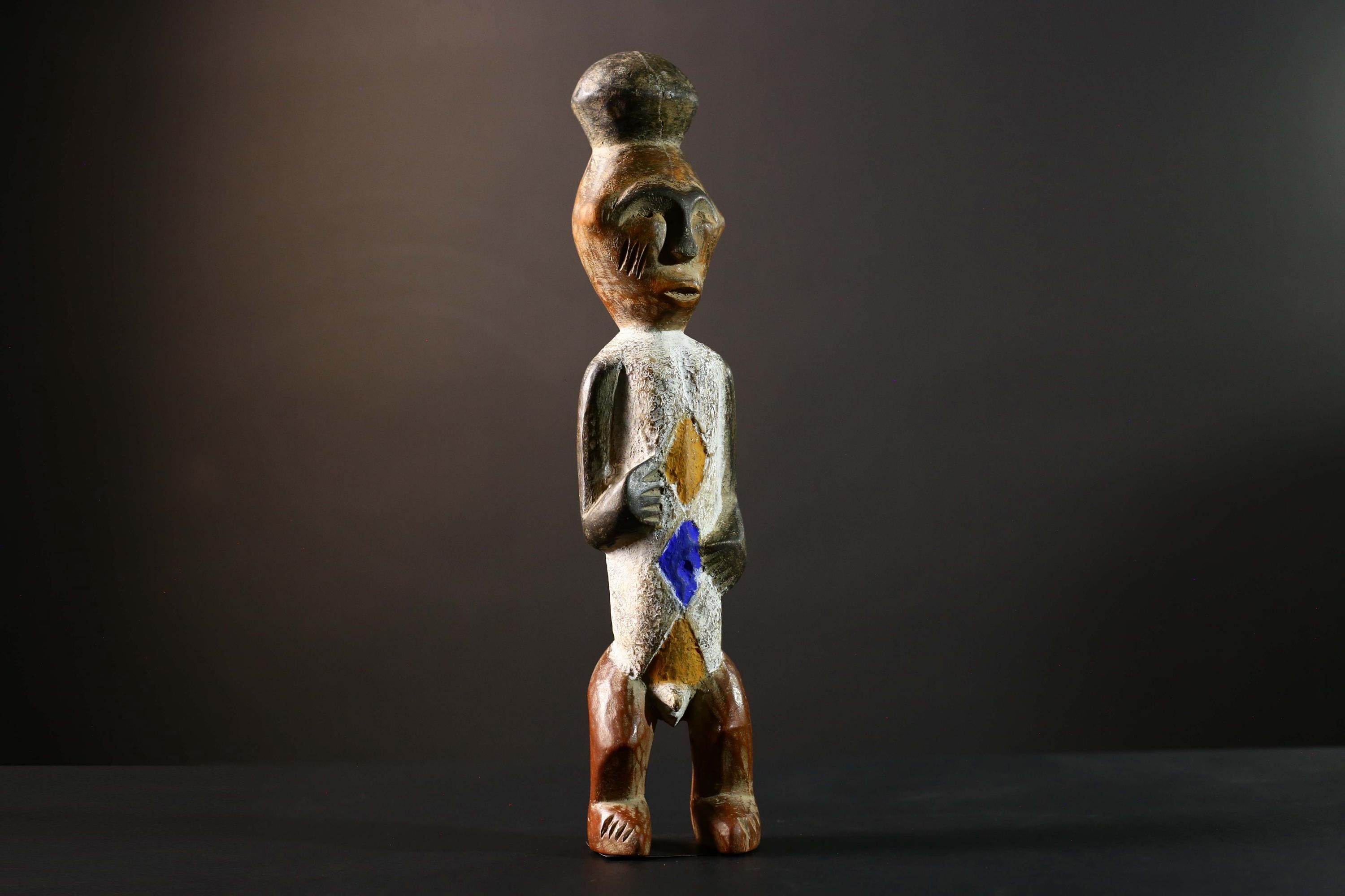 African Tribal Figure Carved Wood Statue Geometric Painted Ethnic Decor-G5790