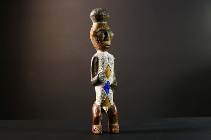 African Tribal Figure Carved Wood Statue Geometric Painted Ethnic Decor-G5790