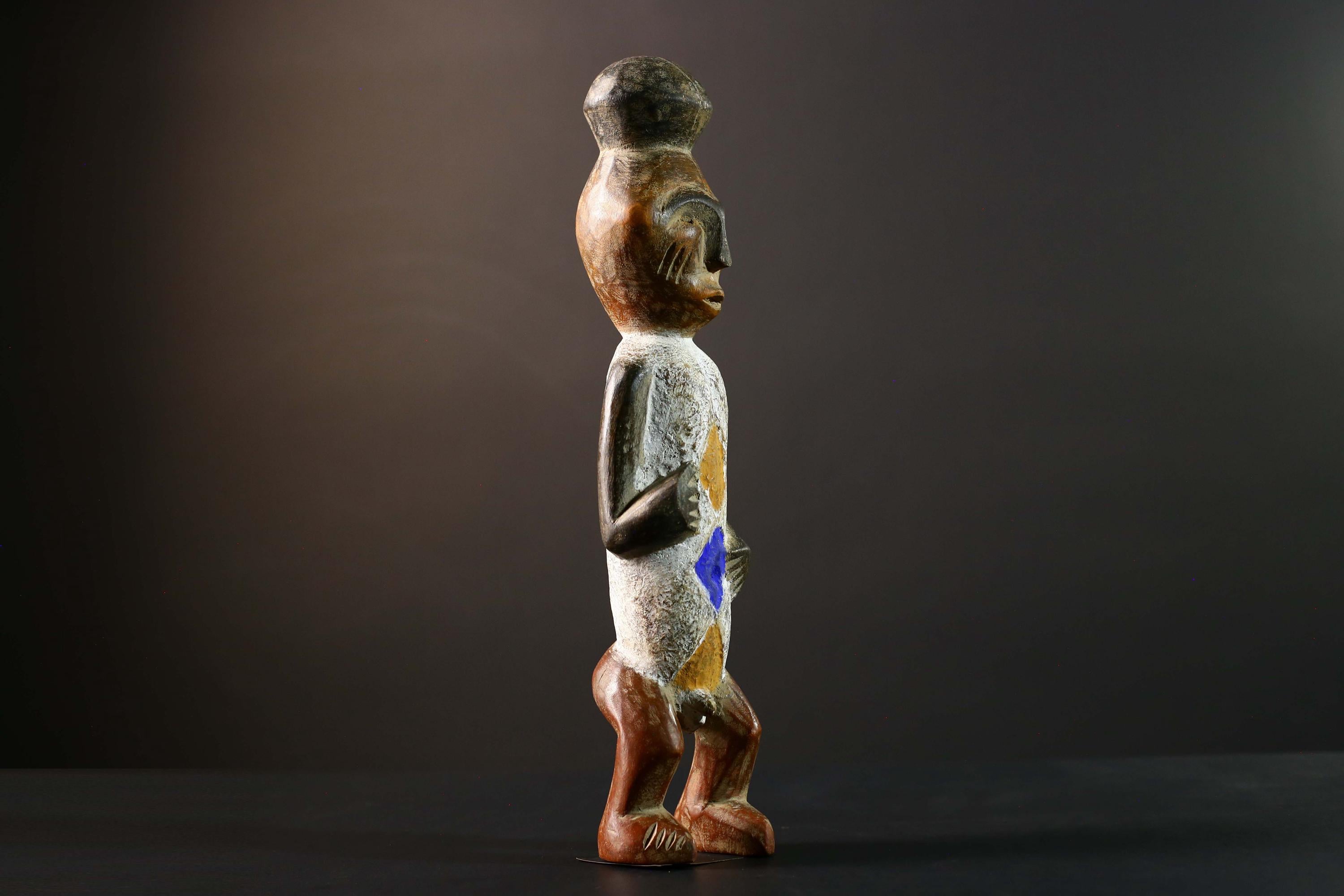 African Tribal Figure Carved Wood Statue Geometric Painted Ethnic Decor-G5790
