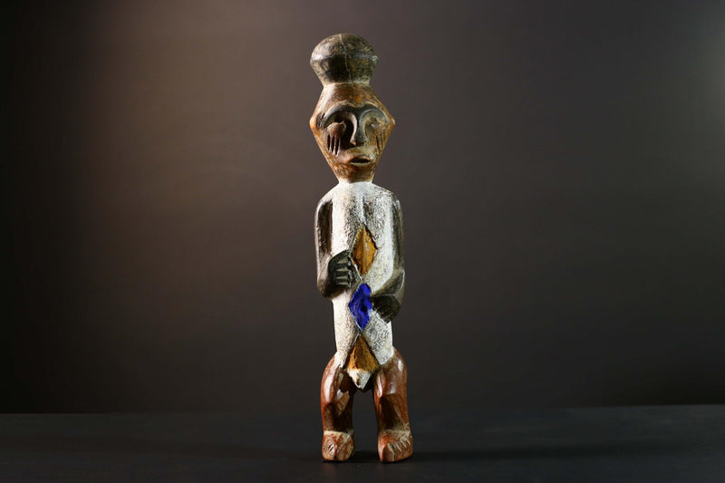 African Tribal Figure Carved Wood Statue Geometric Painted Ethnic Decor-G5790
