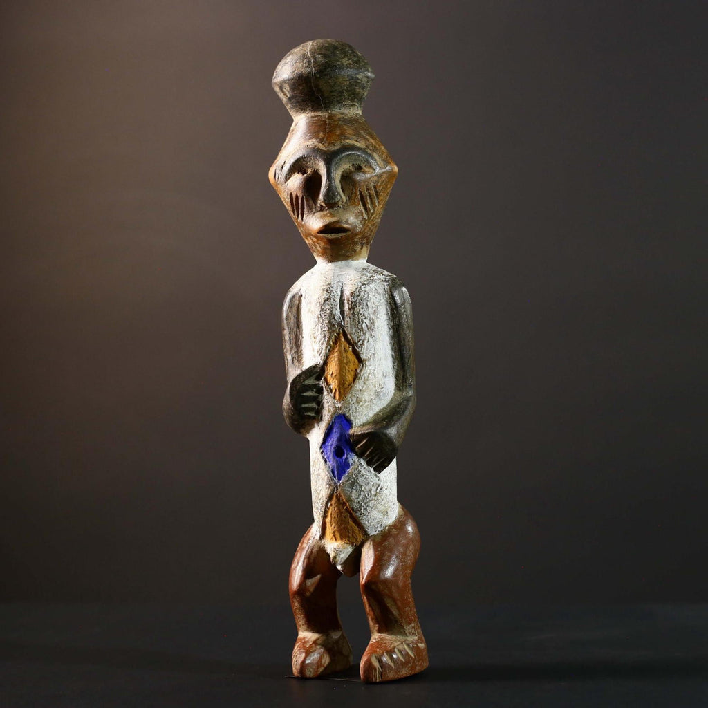 African Tribal Figure Carved Wood Statue Geometric Painted Ethnic Decor-G5790