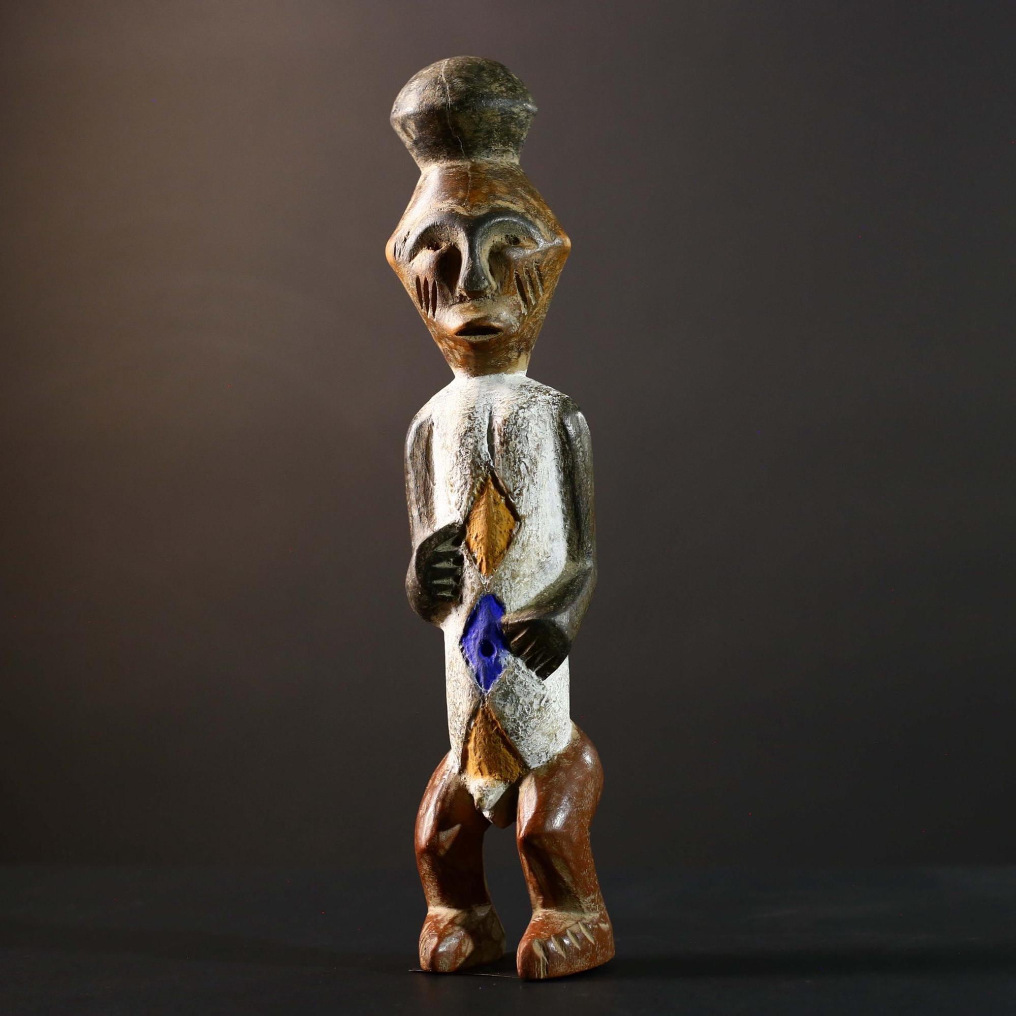 African Tribal Figure Carved Wood Statue Geometric Painted Ethnic Decor-G5790