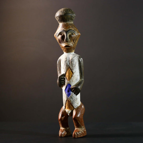 African Tribal Figure Carved Wood Statue Geometric Painted Ethnic Decor-G5790