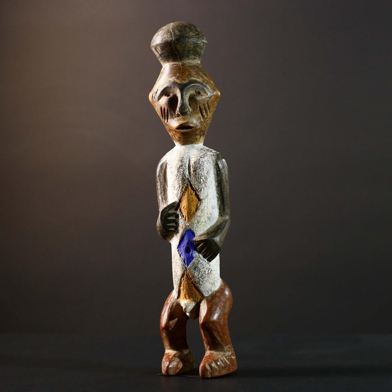 African Tribal Figure Carved Wood Statue Geometric Painted Ethnic Decor-G5790