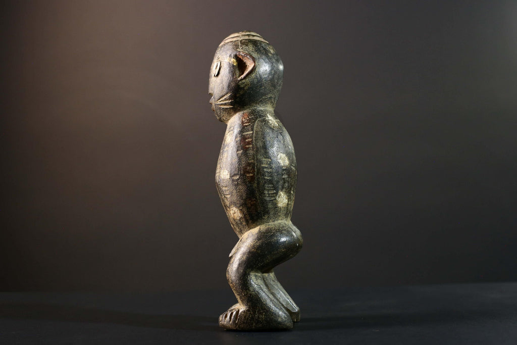 African Tribal Figure Dark Carved Wood Statue Textured Ethnic Art Decor-G5790