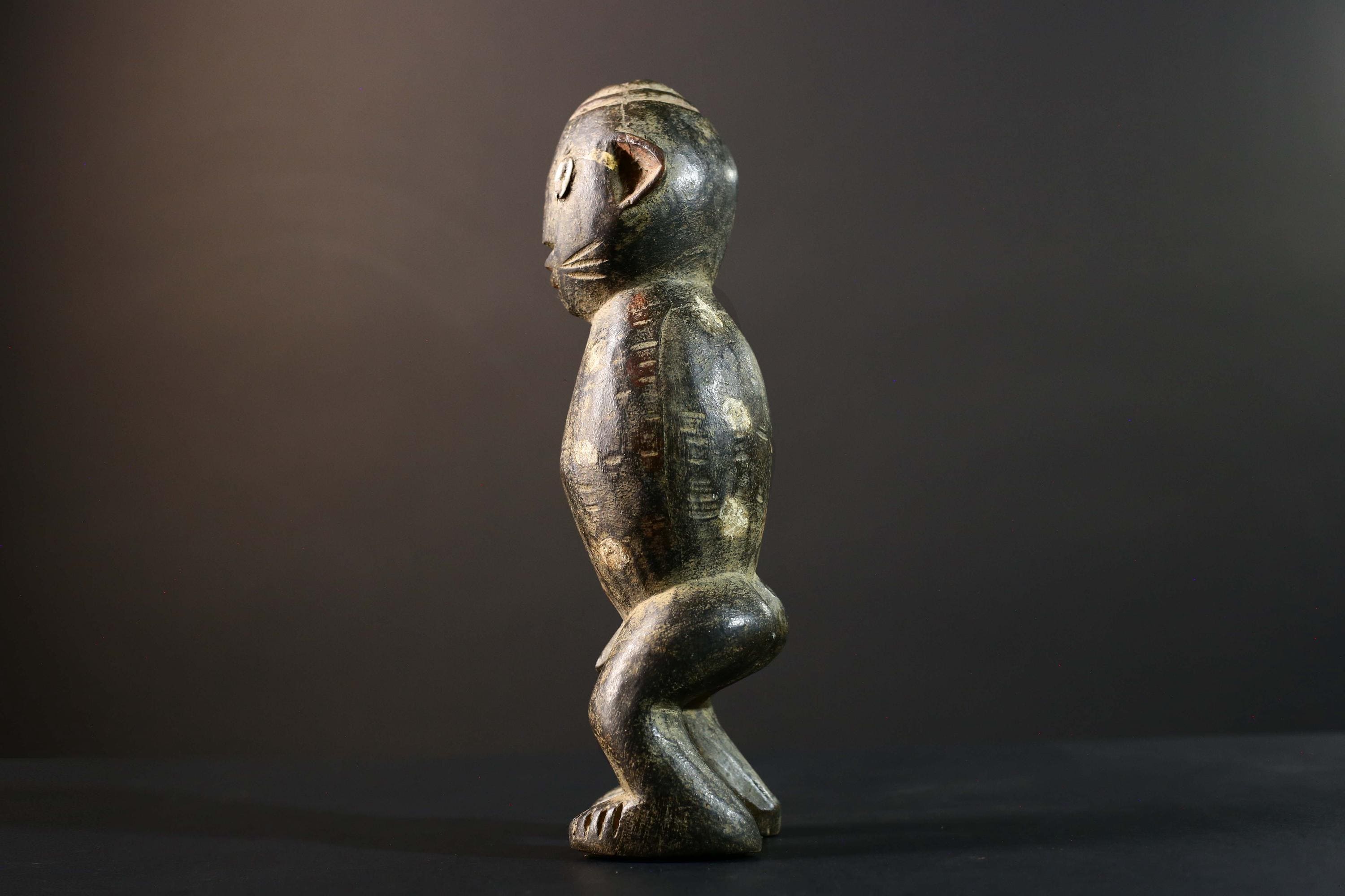 African Tribal Figure Dark Carved Wood Statue Textured Ethnic Art Decor-G5790