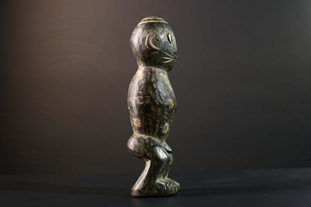 African Tribal Figure Dark Carved Wood Statue Textured Ethnic Art Decor-G5790
