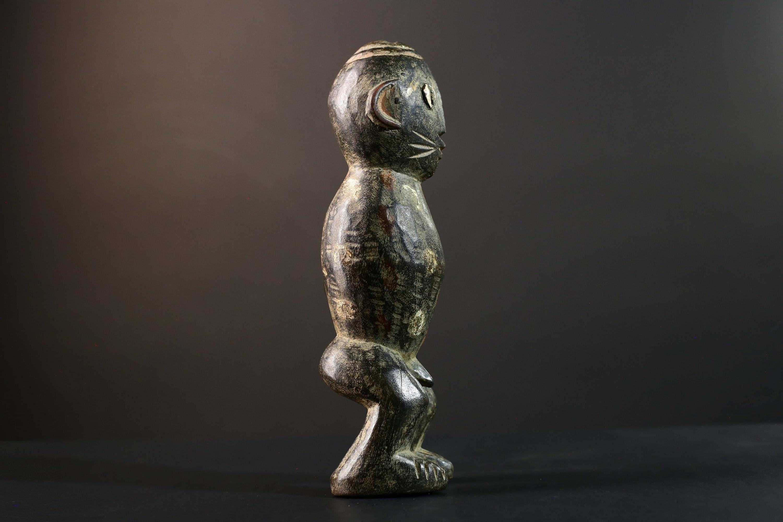 African Tribal Figure Dark Carved Wood Statue Textured Ethnic Art Decor-G5790