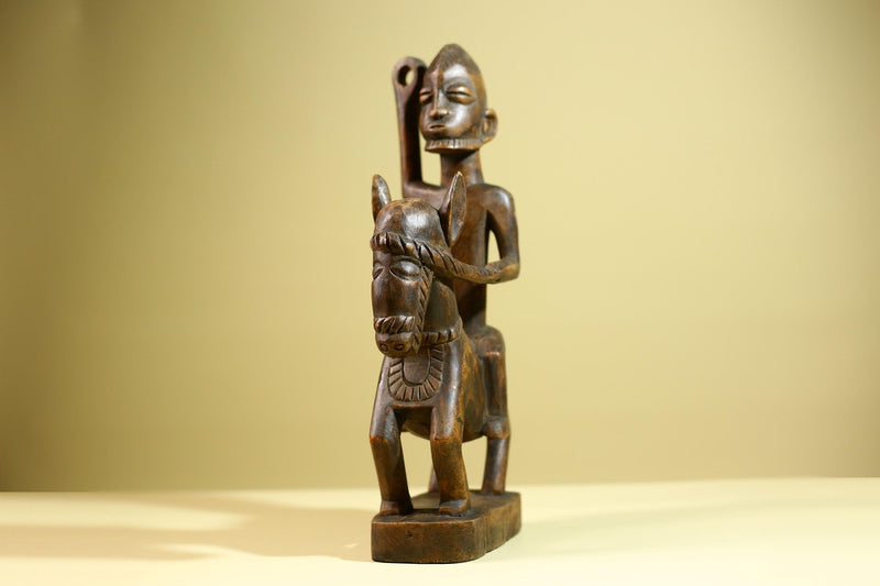 African Tribal Rider Statue: Hand Carved Wood Horseman Cultural Art-G5798