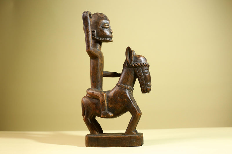 African Tribal Rider Statue: Hand Carved Wood Horseman Cultural Art-G5798