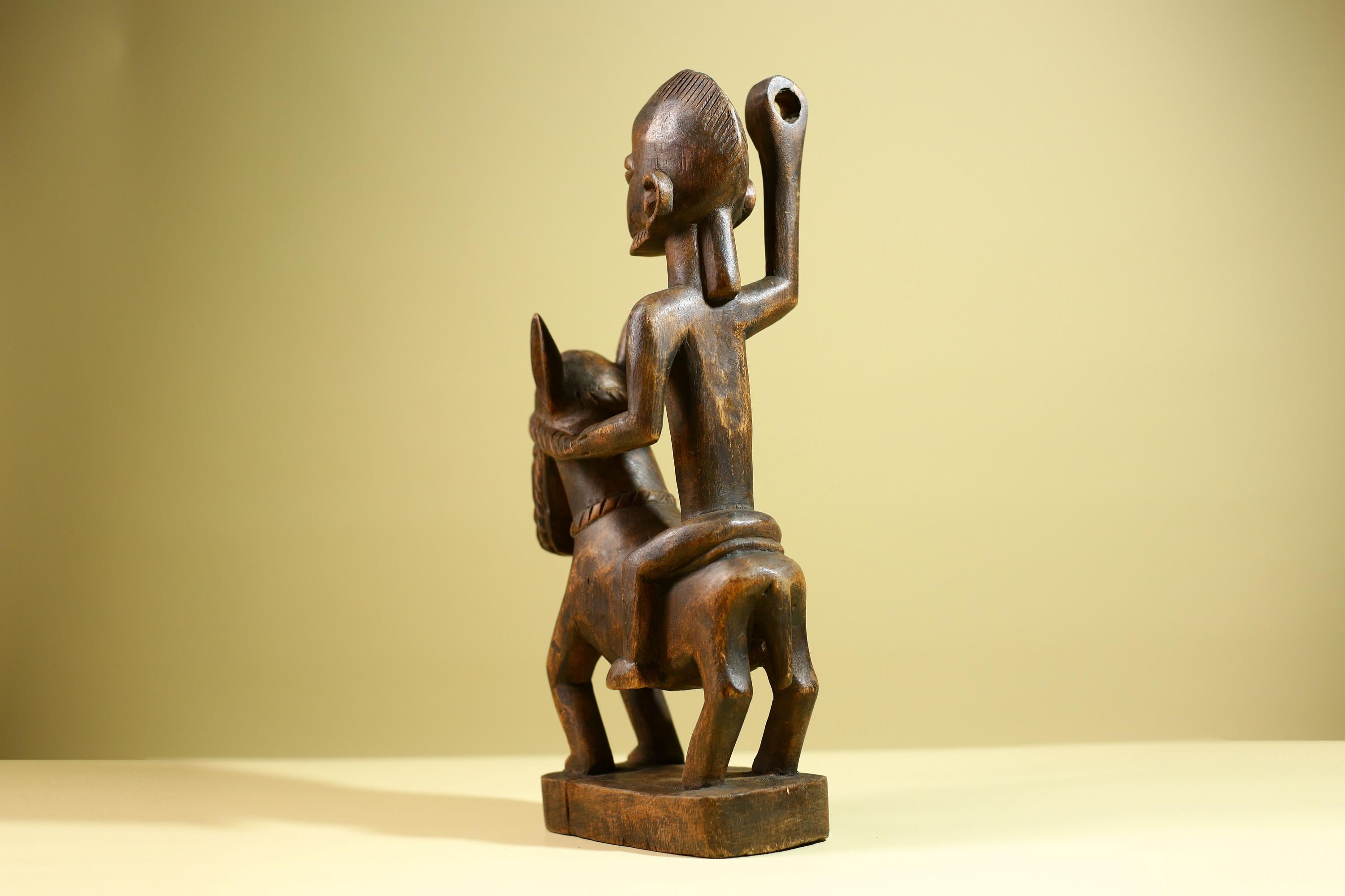 African Tribal Rider Statue: Hand Carved Wood Horseman Cultural Art-G5798