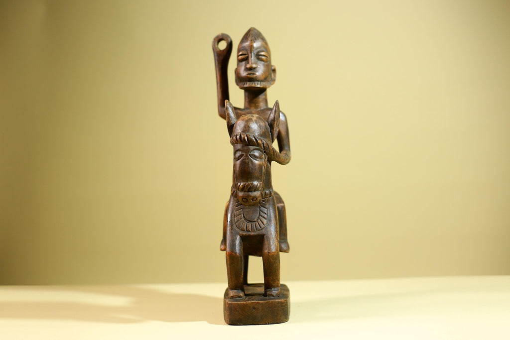 African Tribal Rider Statue: Hand Carved Wood Horseman Cultural Art-G5798
