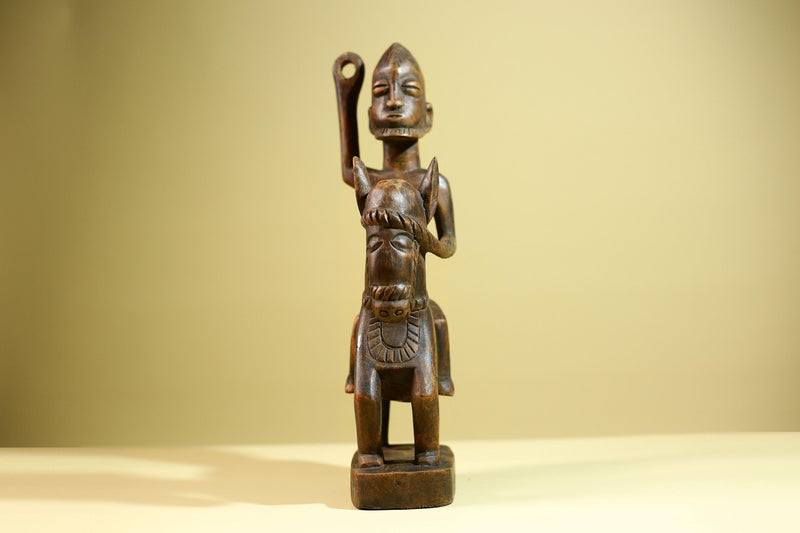 African Tribal Rider Statue: Hand Carved Wood Horseman Cultural Art-G5798