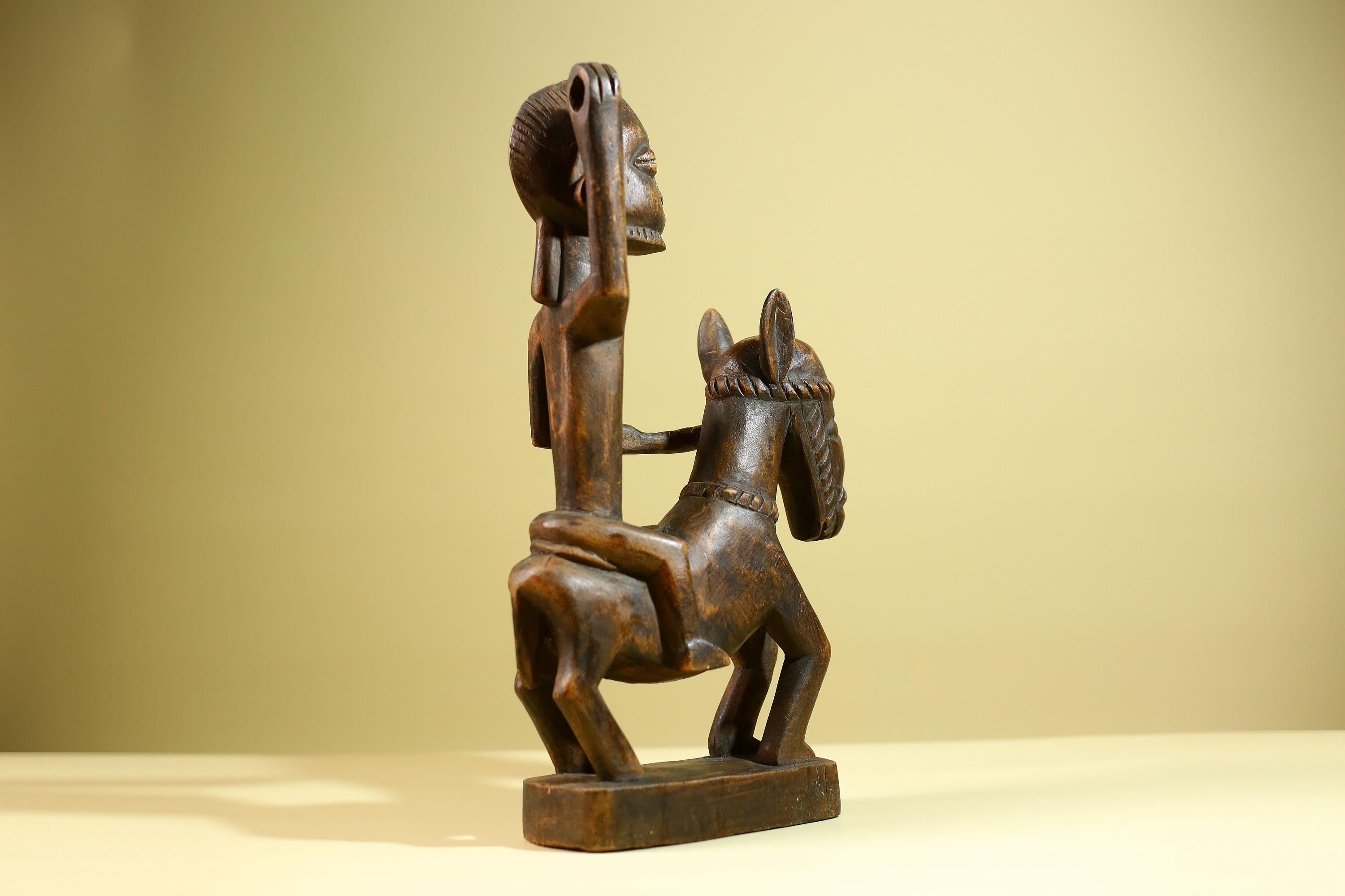 African Tribal Rider Statue: Hand Carved Wood Horseman Cultural Art-G5798