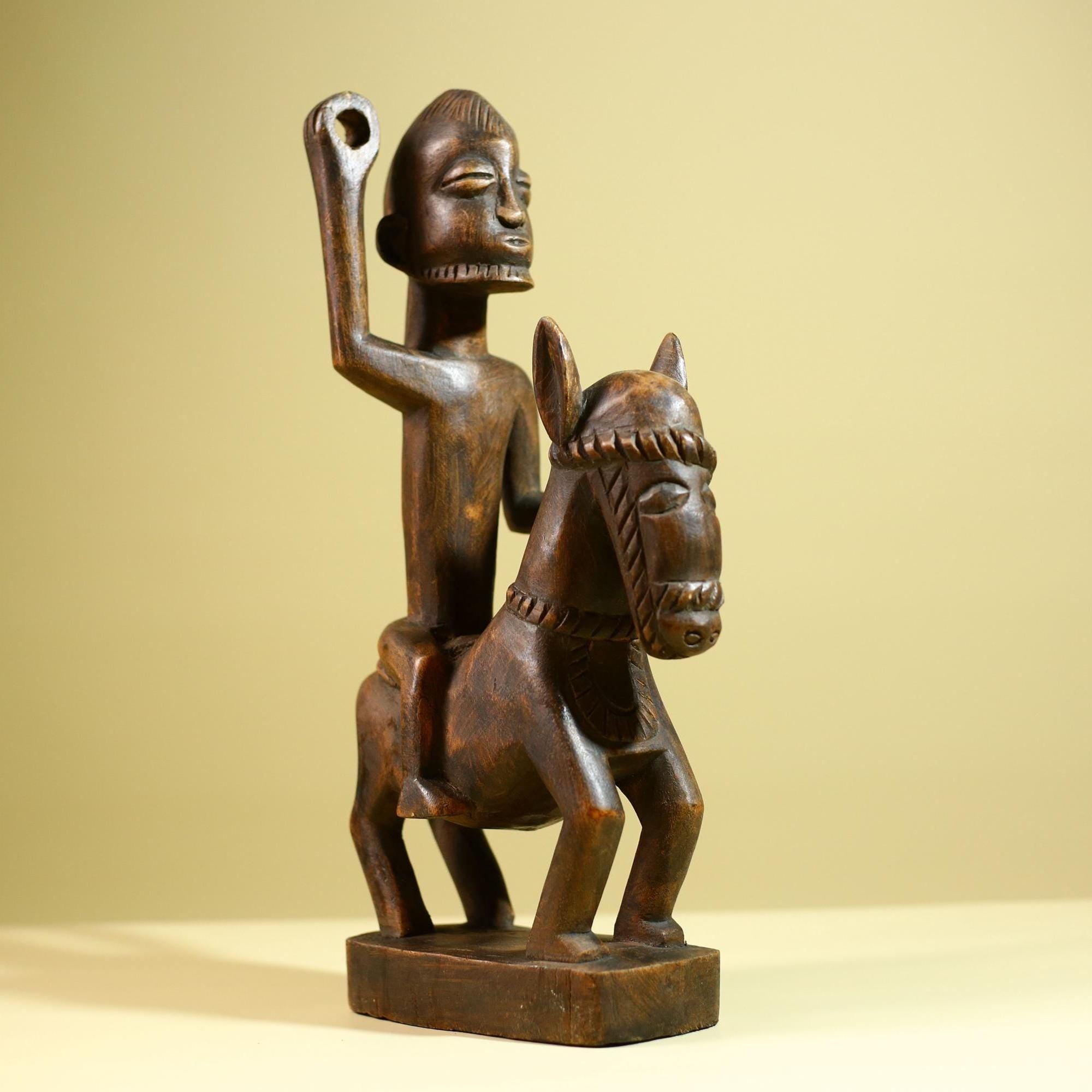 African Tribal Rider Statue: Hand Carved Wood Horseman Cultural Art-G5798