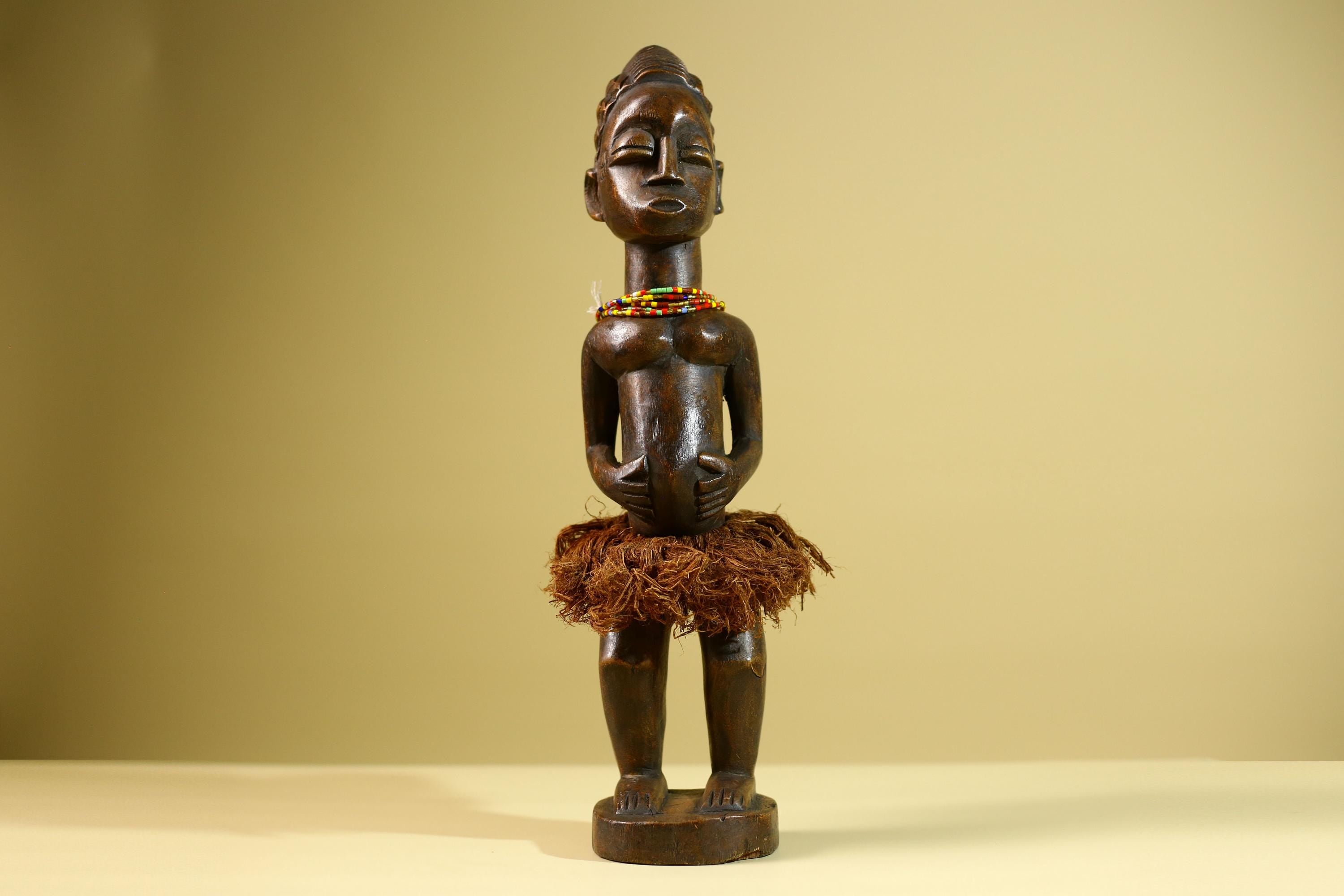 African Tribal Female Figure: Hand Carved Wood Statue with Raffia Skirt Sculpture Decor-G5799