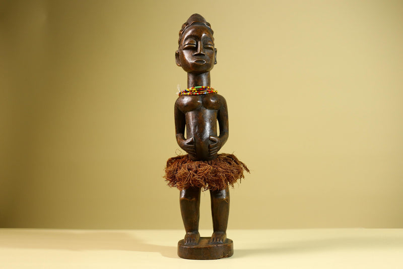 African Tribal Female Figure: Hand Carved Wood Statue with Raffia Skirt Sculpture Decor-G5799