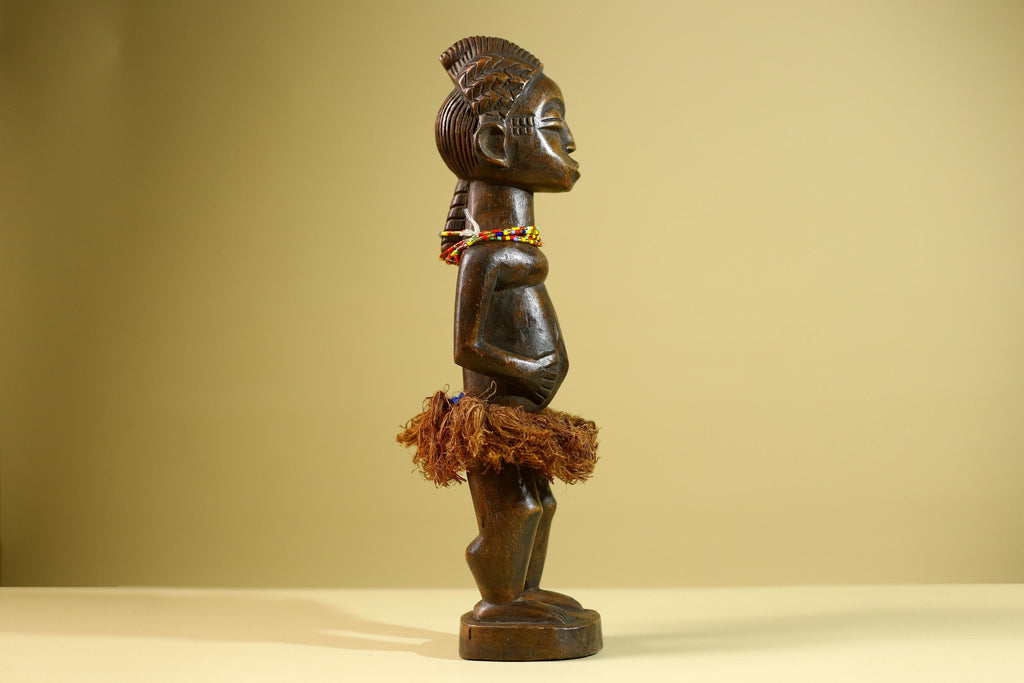 African Tribal Female Figure: Hand Carved Wood Statue with Raffia Skirt Sculpture Decor-G5799