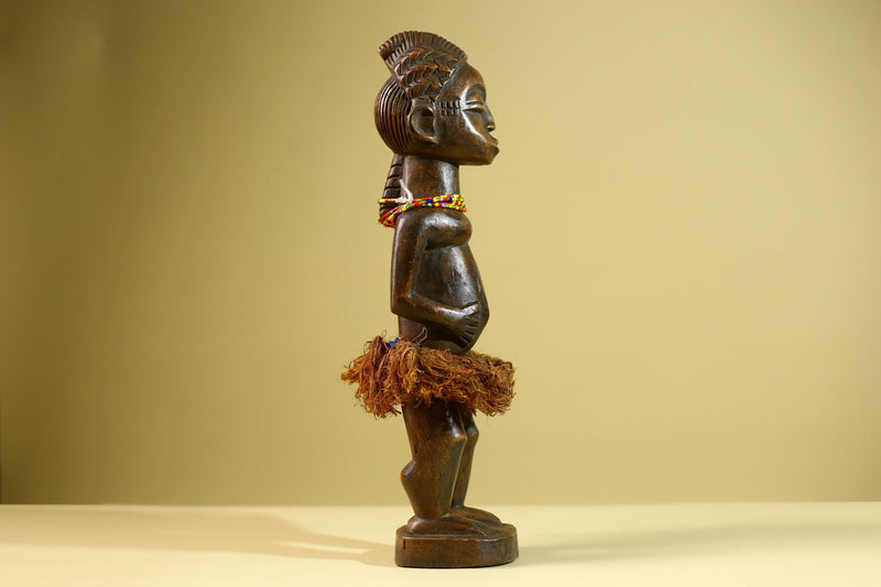African Tribal Female Figure: Hand Carved Wood Statue with Raffia Skirt Sculpture Decor-G5799