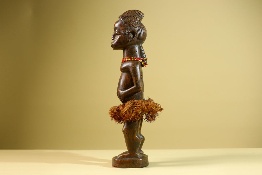 African Tribal Female Figure: Hand Carved Wood Statue with Raffia Skirt Sculpture Decor-G5799