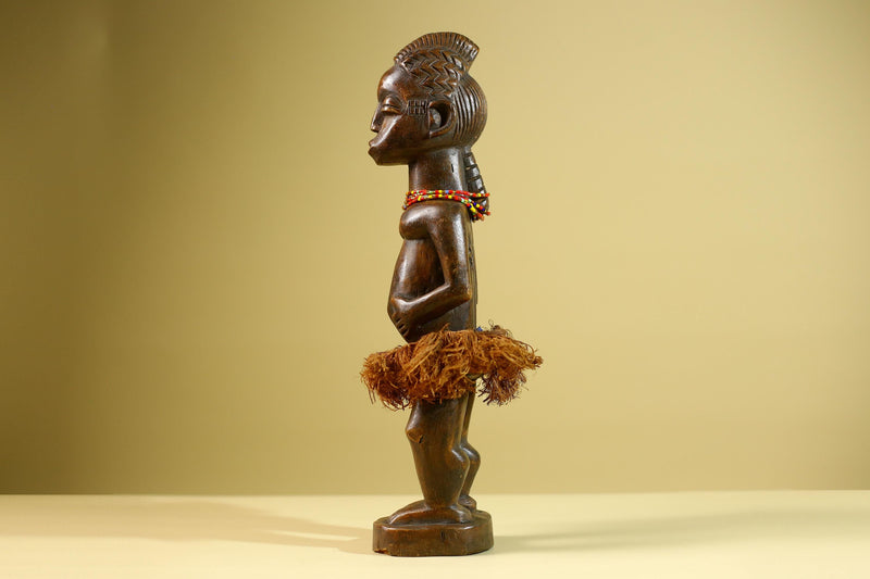 African Tribal Female Figure: Hand Carved Wood Statue with Raffia Skirt Sculpture Decor-G5799