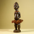 African Tribal Female Figure: Hand Carved Wood Statue with Raffia Skirt Sculpture Decor-G5799