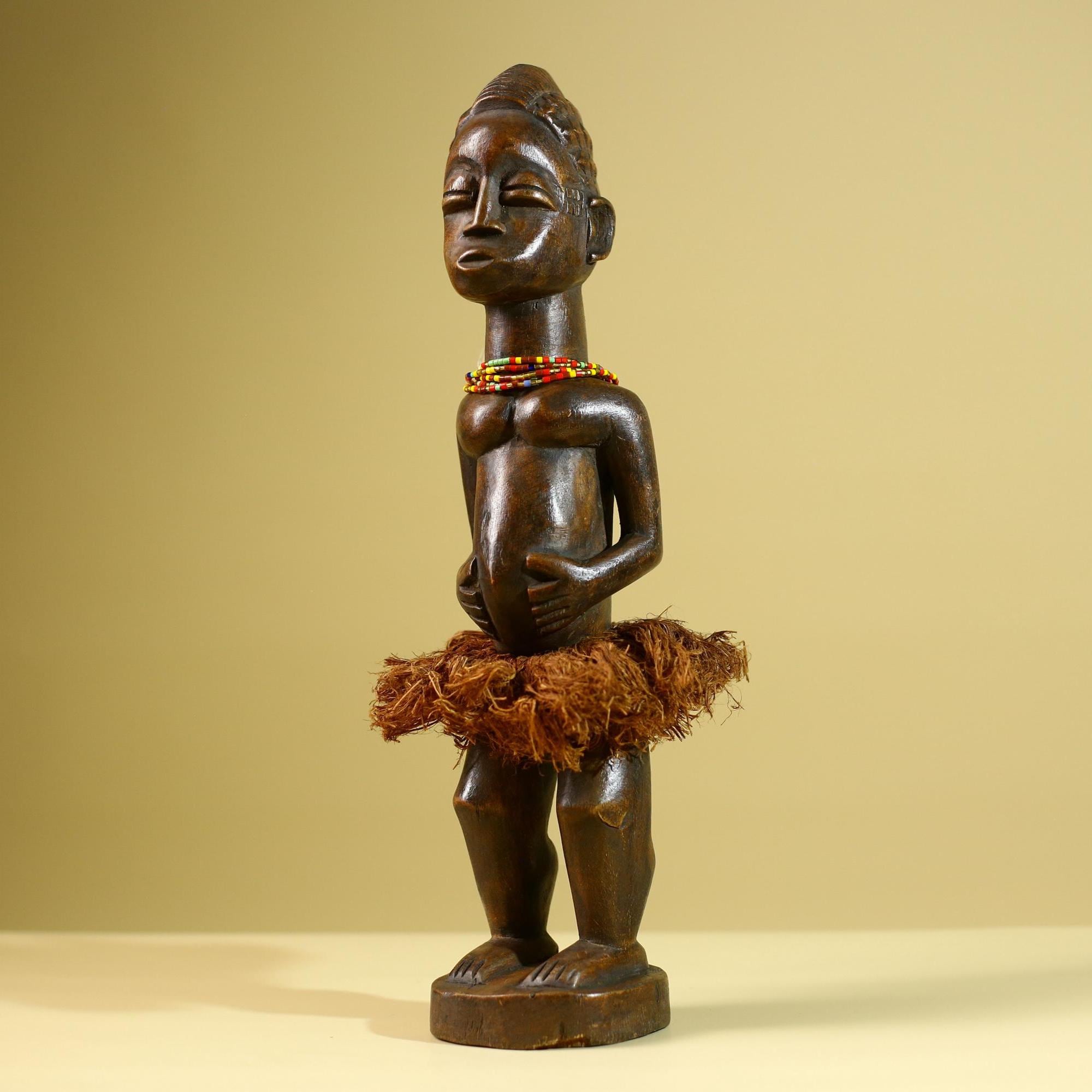 African Tribal Female Figure: Hand Carved Wood Statue with Raffia Skirt Sculpture Decor-G5799