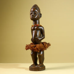 African Tribal Female Figure: Hand Carved Wood Statue with Raffia Skirt Sculpture Decor-G5799