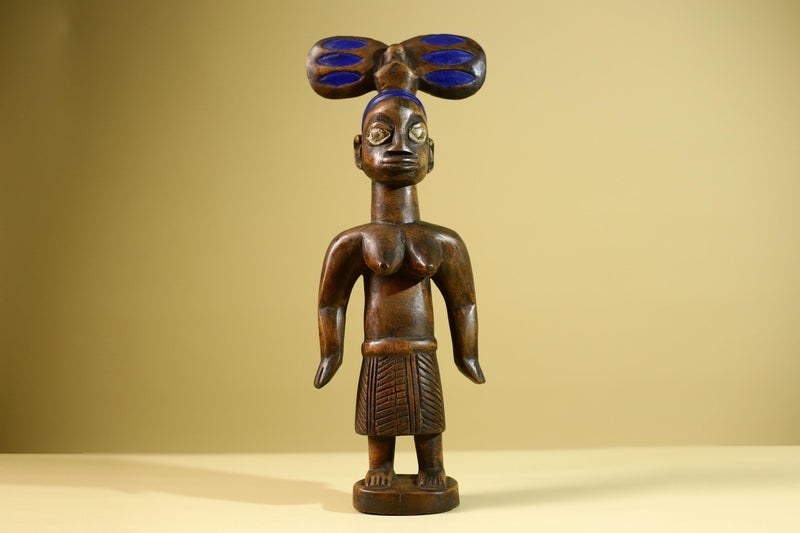 African Yoruba Female Figure: Hand Carved Wood Statue with Blue Crest Sculpture Decor-G5801