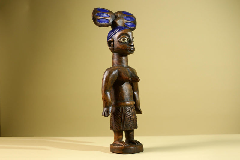 African Yoruba Female Figure: Hand Carved Wood Statue with Blue Crest Sculpture Decor-G5801