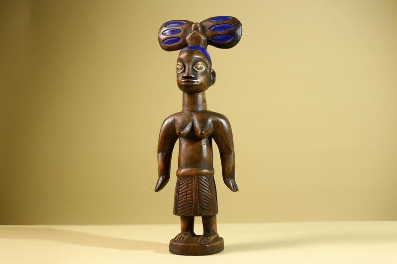 African Yoruba Female Figure: Hand Carved Wood Statue with Blue Crest Sculpture Decor-G5801
