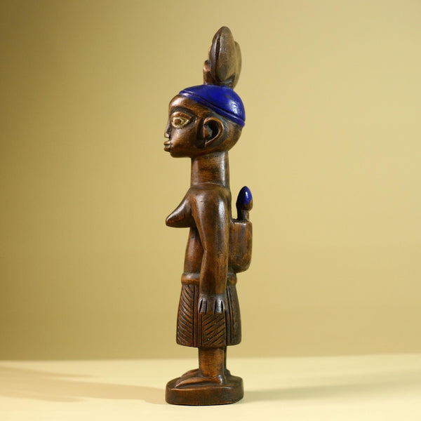 African Yoruba Female Figure: Hand Carved Wood Statue with Blue Crest Sculpture Decor-G5801