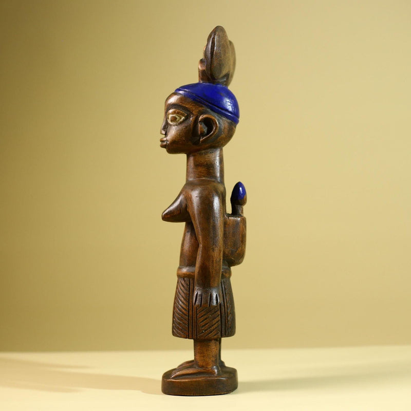 African Yoruba Female Figure: Hand Carved Wood Statue with Blue Crest Sculpture Decor-G5801