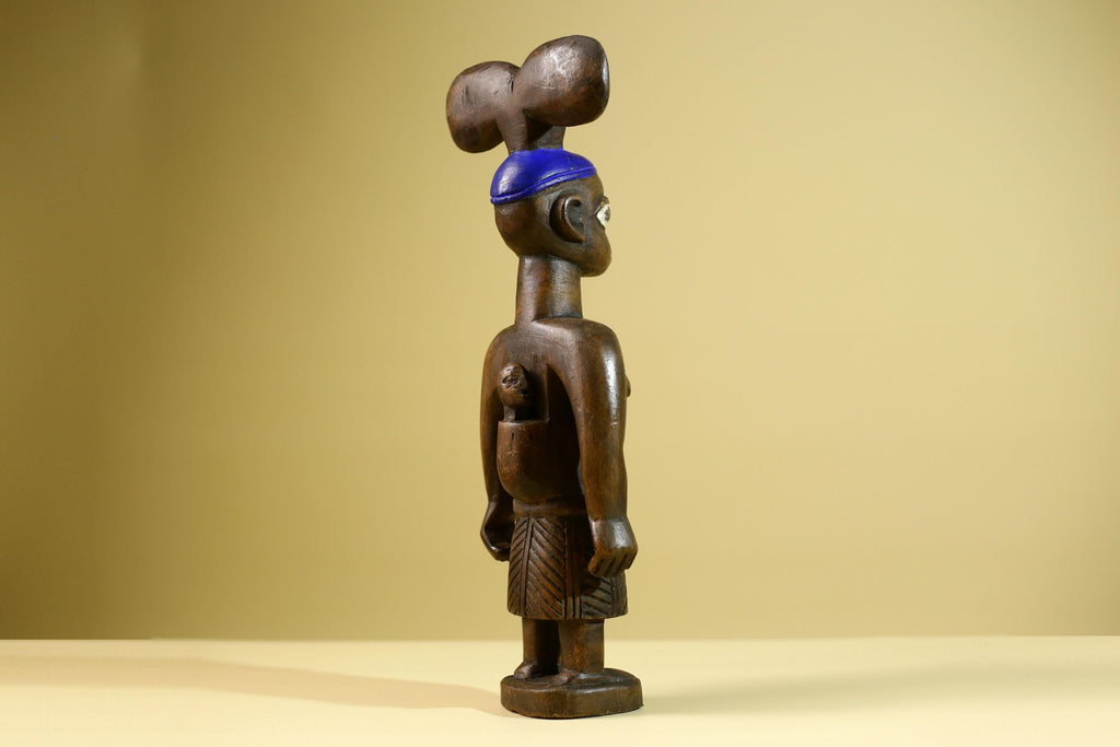 African Yoruba Female Figure: Hand Carved Wood Tribal Art with Blue Crest-G5802