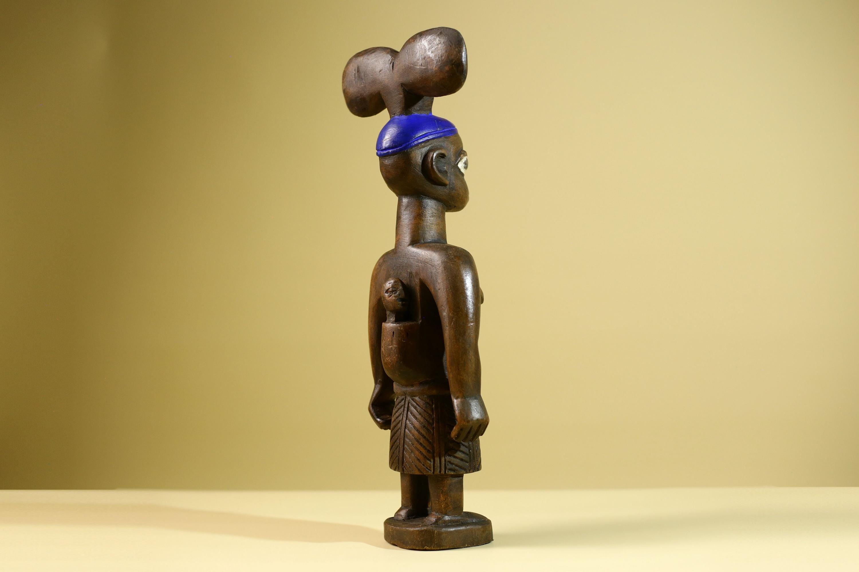 African Yoruba Female Figure: Hand Carved Wood Tribal Art with Blue Crest-G5802